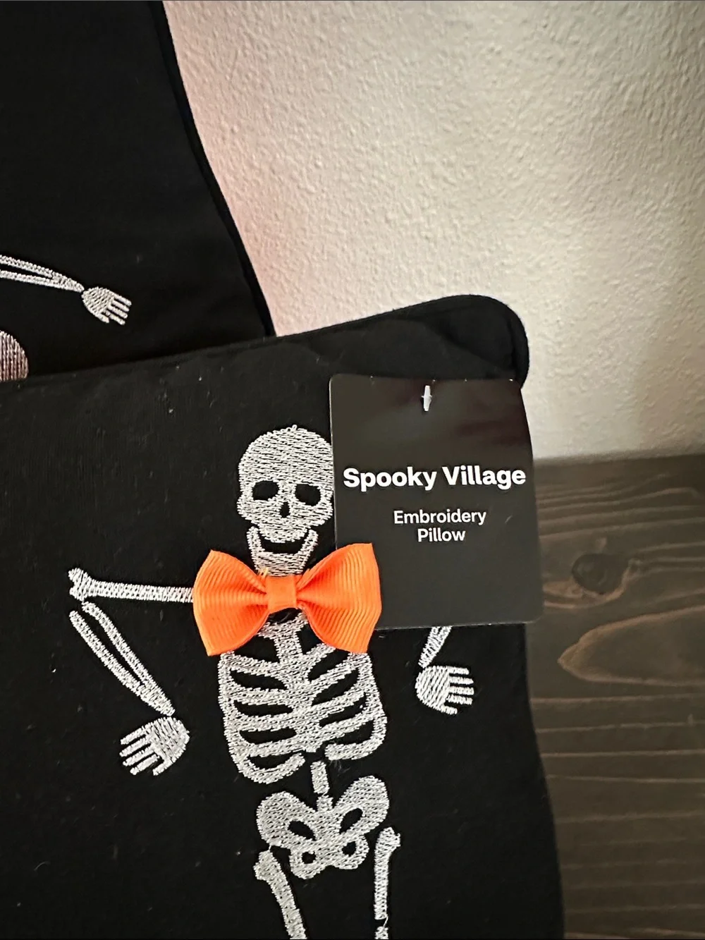 Black Halloween Skeleton Embroidered Decorative Pillow with Orange Bows